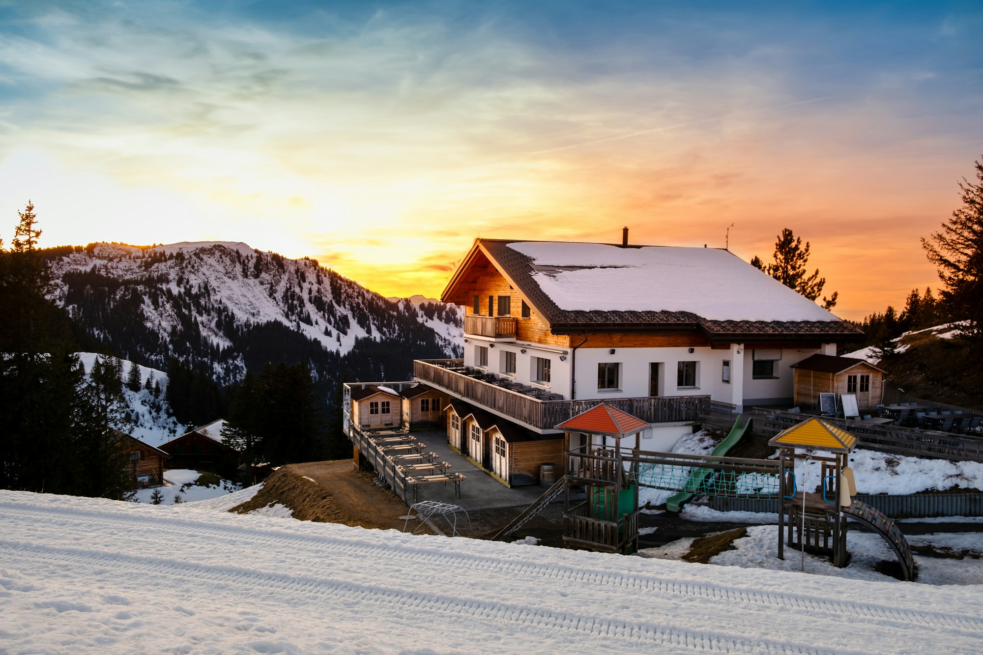 Ski resort and lodge on Klewenalp mountain in Swiss Alps, Switzerland.