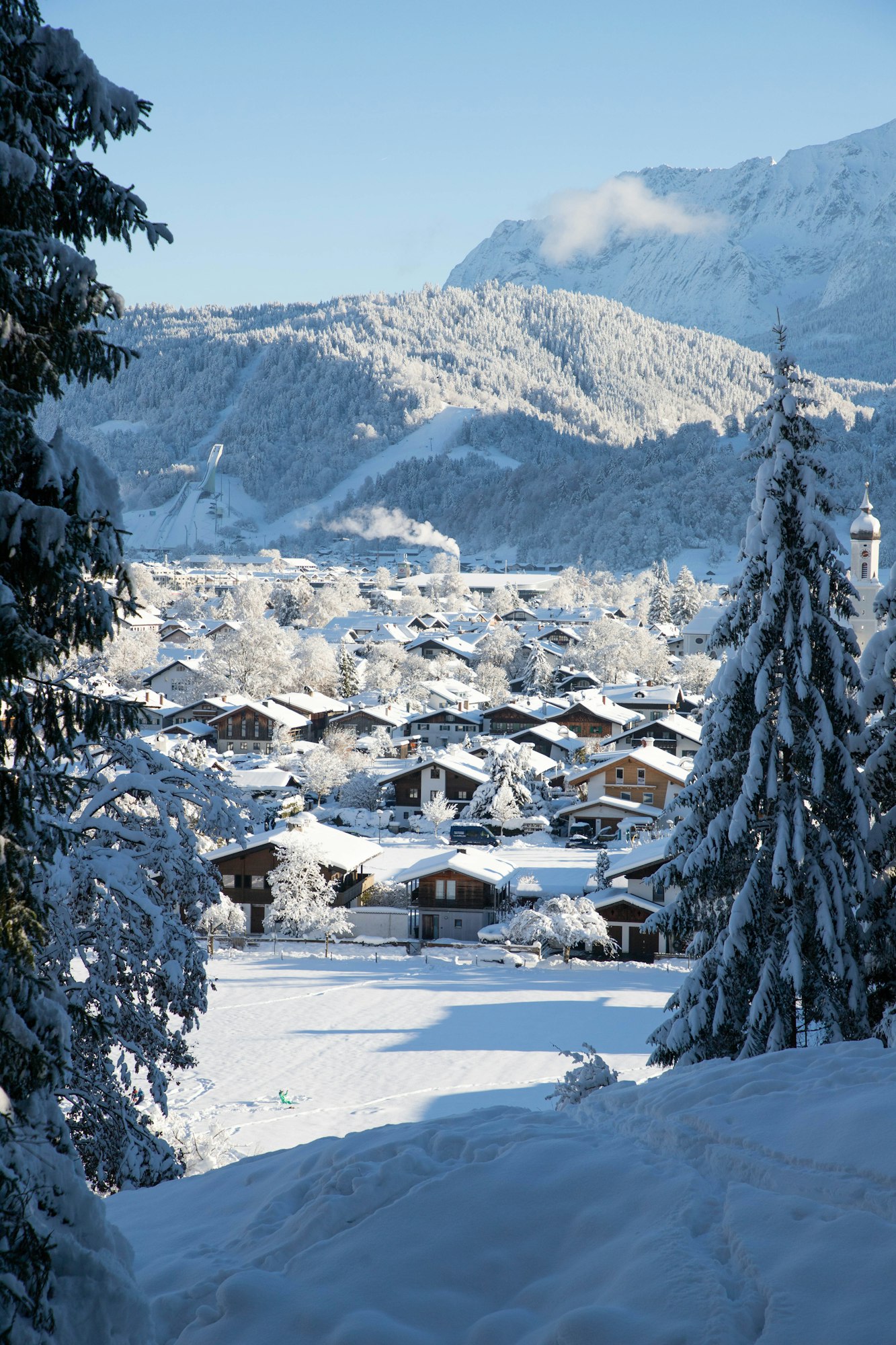 winter mountain landscape in the Alps with snow covered fir trees